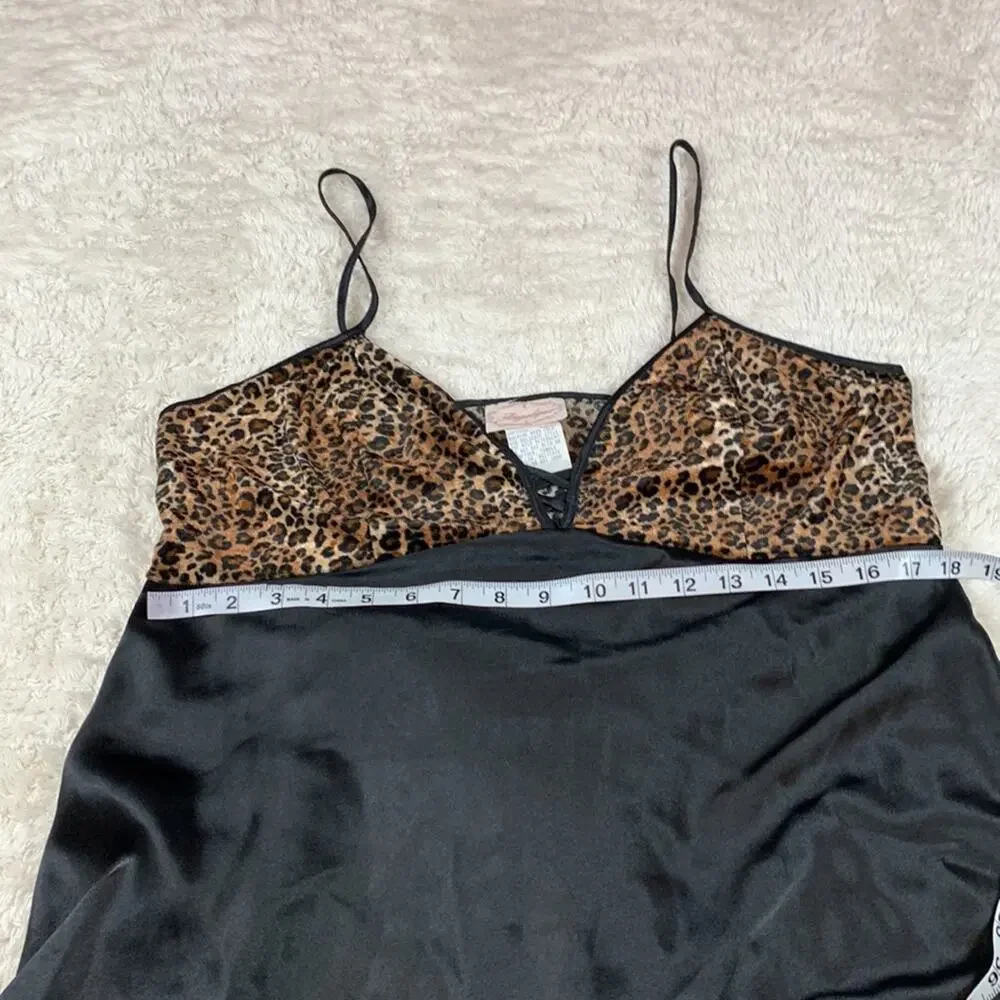 Vintage Angelique Leopard print and‎ black satin chemise slip, size Large - Picture 7 of 8
